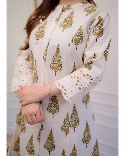 Ivory Brown Leaf Cotton A Line Kurta