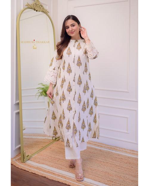 Ivory Brown Leaf Cotton A Line Kurta