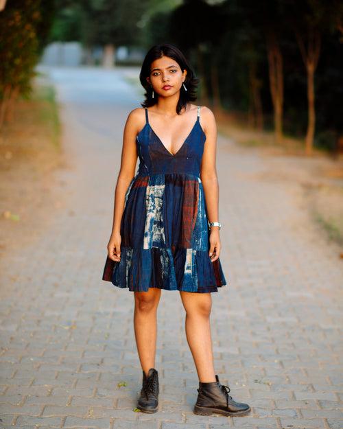 BLUE HANDPAINTED AJRAKH SHORT DRESS