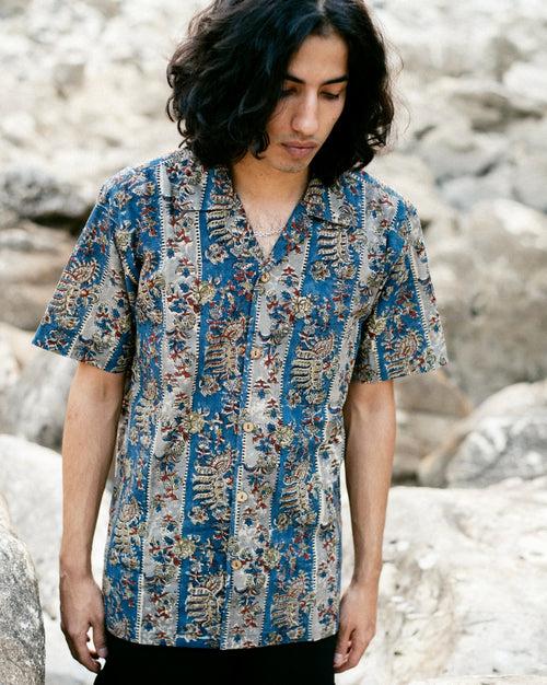 BLUE GREY STRIPED KALAMKARI SHIRT