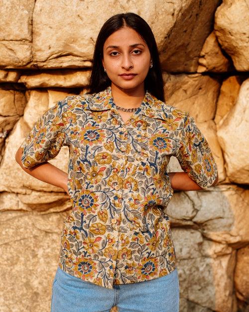 BEIGE CRAYON FLORAL BAGRU SHIRT