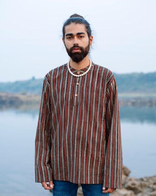 BLACK STRIPED AJRAKH SHORT KURTA