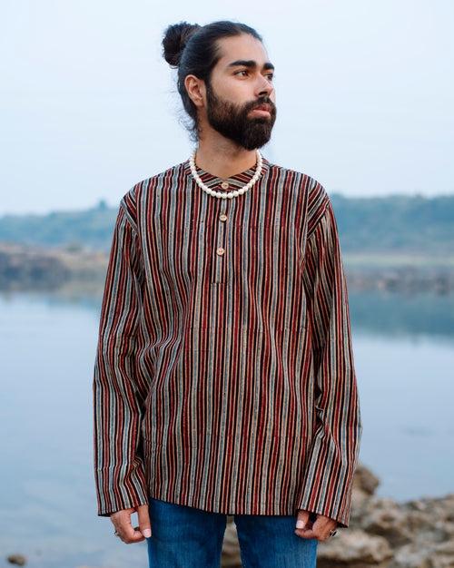 BLACK STRIPED AJRAKH SHORT KURTA