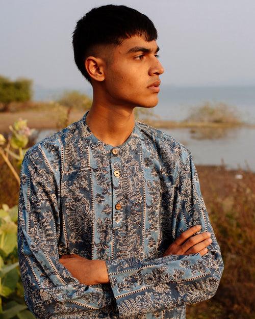 BLUE STRIPED KALAMKARI SHORT KURTA