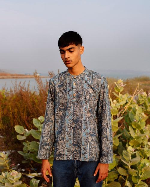 BLUE STRIPED KALAMKARI SHORT KURTA