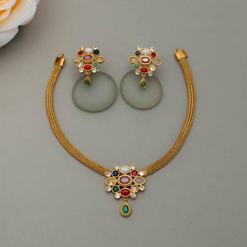 SN101628 - Traditional Navarathna Stones Necklace Earring Set