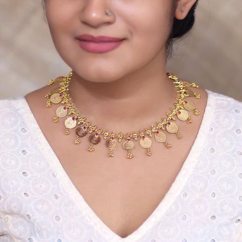 AG101504 - Gold tone Lakshmi coin Bridal Choker Necklace