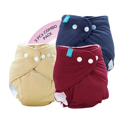 Bumberry Smart fitted ( 3 Pc Pack) - Cotton Reusable  one piece diapering with built-in insert ( 0-6 months) (Maroon, sand, grey)