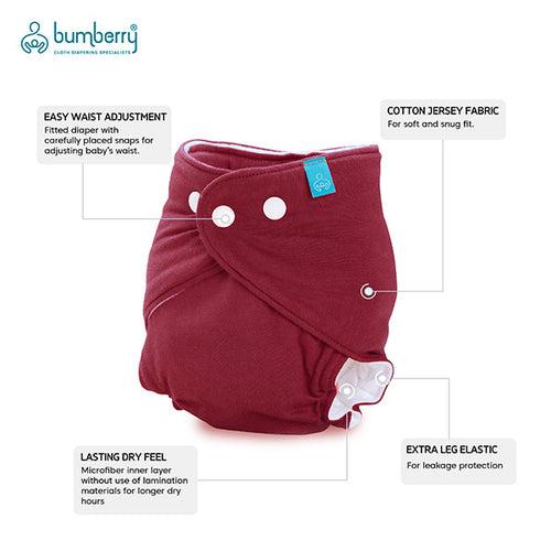 Bumberry Smart fitted ( 3 Pc Pack) - Cotton Reusable  one piece diapering with built-in insert ( 0-6 months) (Maroon, sand, grey)