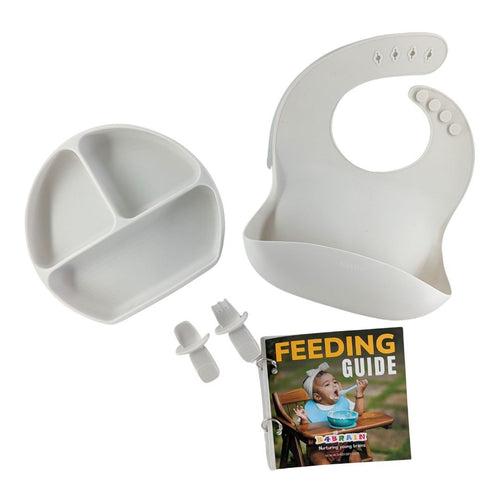 10 Months +  Feeding Set of Silicone Plate With Fork, Spoon And Silicon Bib | Silicone Feeding Essentials