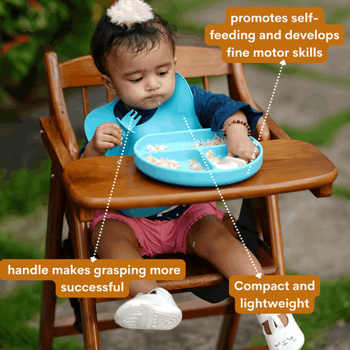 10 Months +  Feeding Set of Silicone Plate With Fork, Spoon And Silicon Bib | Silicone Feeding Essentials