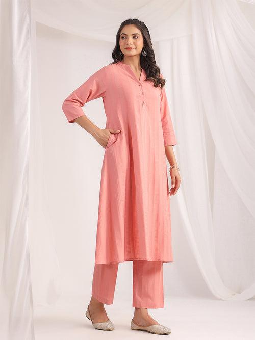 Pink Cotton Jacquard Self Design A-Line Co-Ord Set