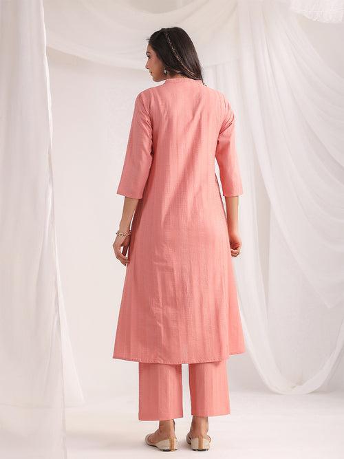 Pink Cotton Jacquard Self Design A-Line Co-Ord Set