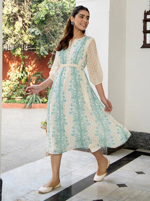 Off White Dobby Georgette Floral Flared Dress