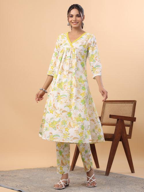 White Cotton Printed A-Line Kurta Set