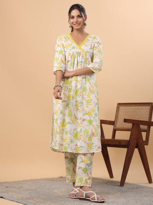 White Cotton Printed A-Line Kurta Set