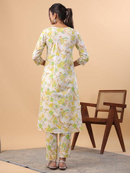 White Cotton Printed A-Line Kurta Set