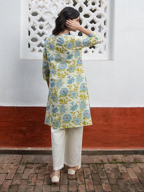 Off White Cotton Floral Regular Tunic