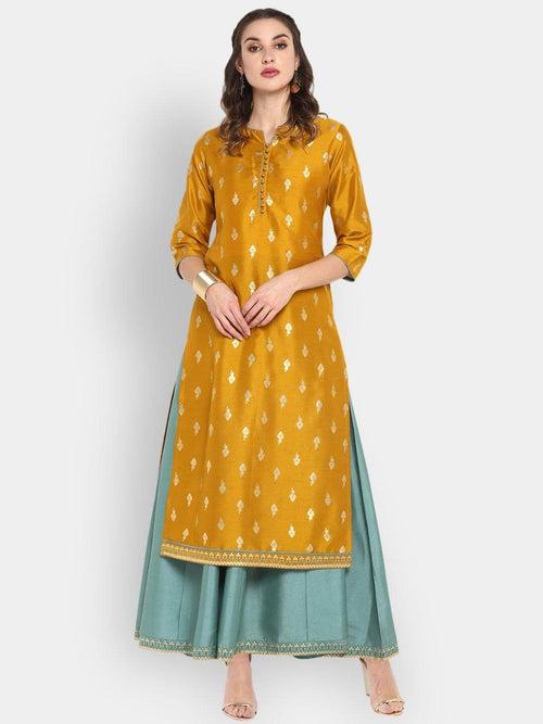 Light Green Poly Silk Gold Print Anarkali Ethnic Dress