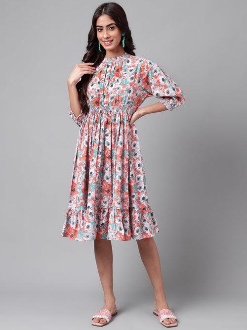 Orange Moss Floral Printed Flared Dress