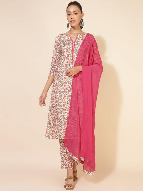 Off White Cotton Floral Regular Kurta Set