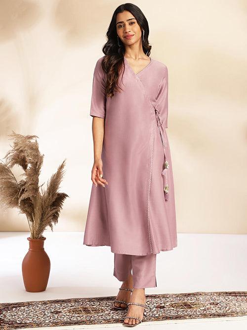 Lavender Chinnon Solid Wrap Kurta Set