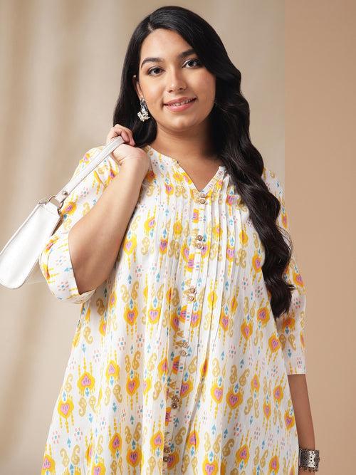 Plus Size Off White Cotton Ikkat Pleated Tunic