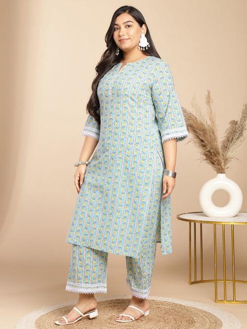 Plus Size Light Blue Cotton Floral Regular Kurta Set