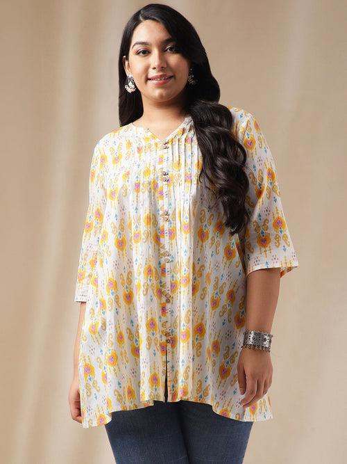 Plus Size Off White Cotton Ikkat Pleated Tunic