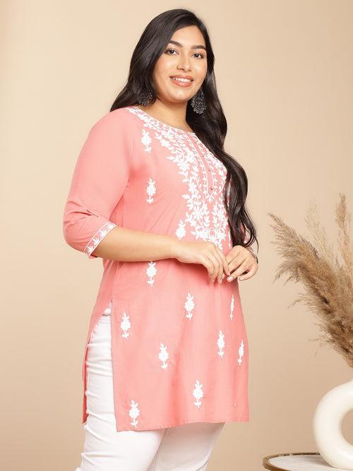 Plus Size Peach Cotton Chikankari Regular Tunic