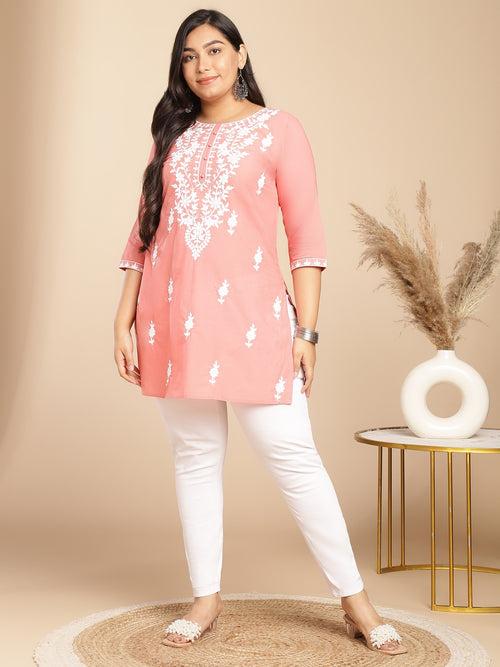 Plus Size Peach Cotton Chikankari Regular Tunic