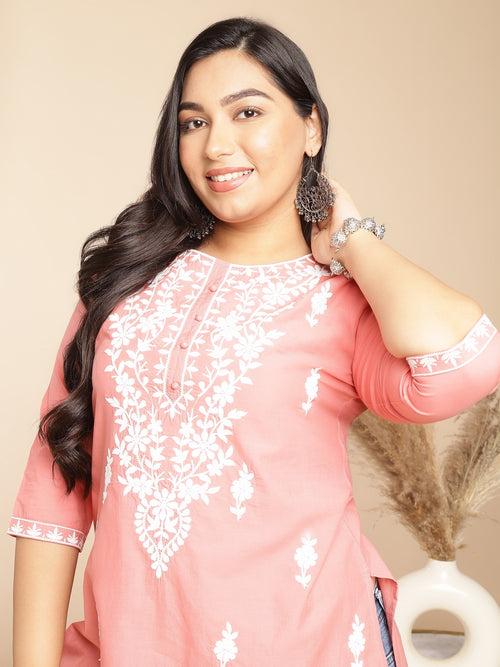 Plus Size Peach Cotton Chikankari Regular Tunic