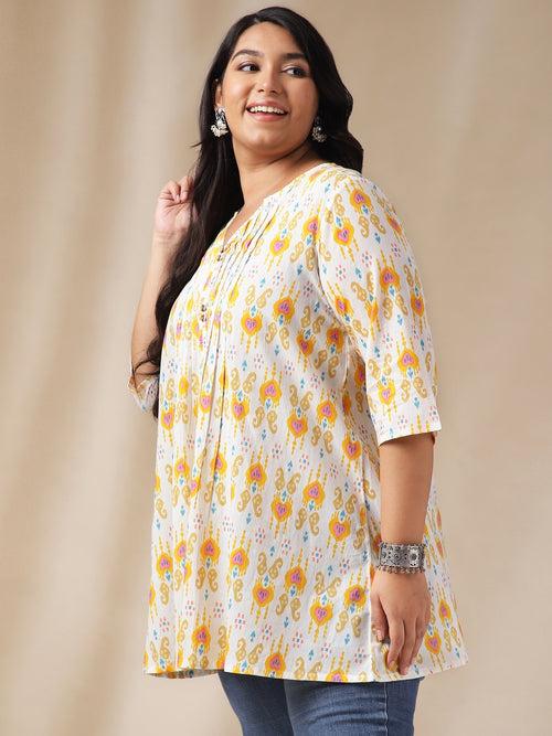 Plus Size Off White Cotton Ikkat Pleated Tunic