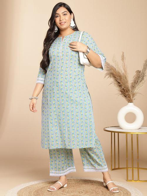 Plus Size Light Blue Cotton Floral Regular Kurta Set