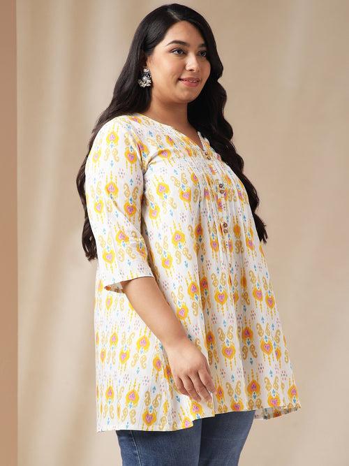 Plus Size Off White Cotton Ikkat Pleated Tunic