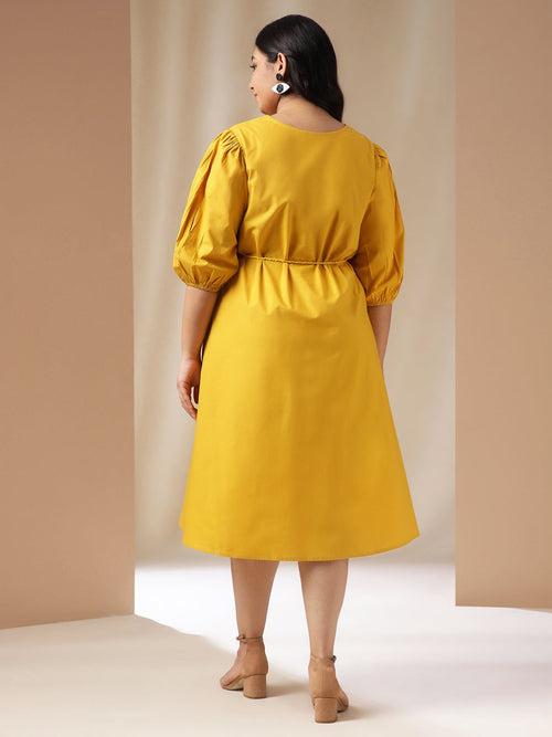 Plus Size Yellow Poplin Solid A-Line Dress
