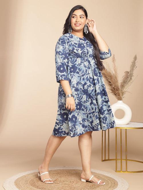 Plus Size Indigo Cotton Floral Gathered Dress