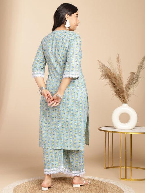 Plus Size Light Blue Cotton Floral Regular Kurta Set