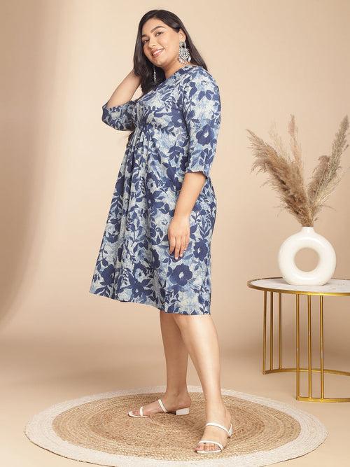 Plus Size Indigo Cotton Floral Gathered Dress