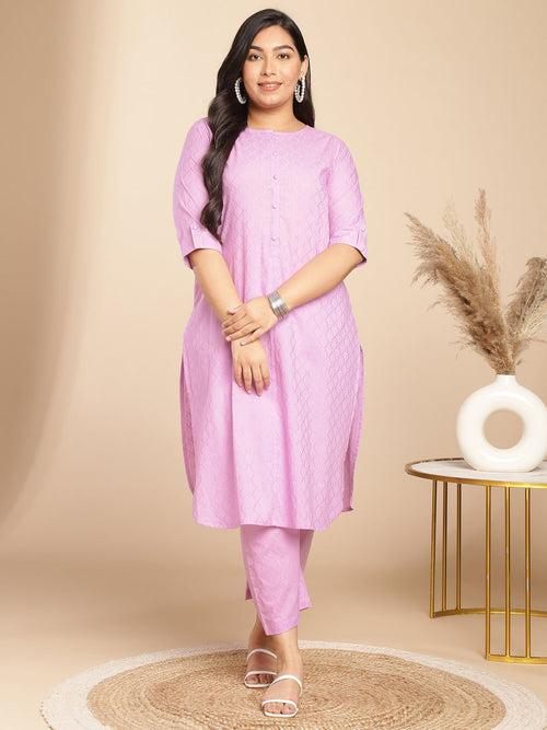 Plus Size Lavender  Cotton Jacquard Self Desgin Straight Co-Ord Set