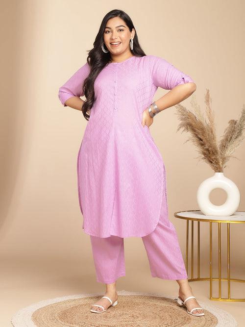 Plus Size Lavender  Cotton Jacquard Self Desgin Straight Co-Ord Set