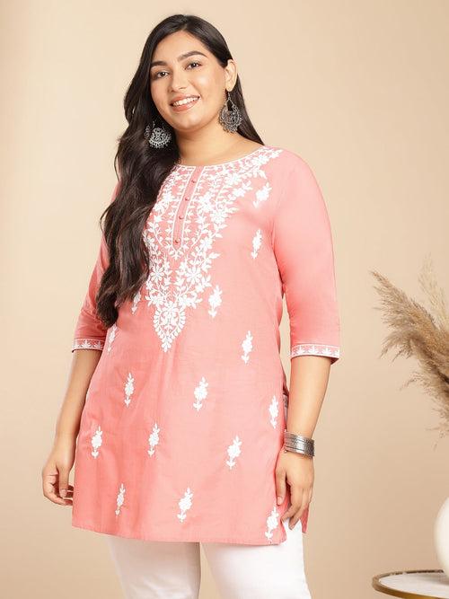 Plus Size Peach Cotton Chikankari Regular Tunic