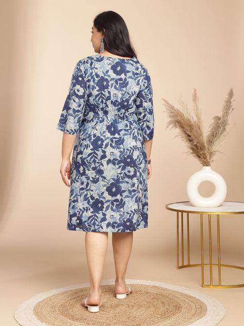 Plus Size Indigo Cotton Floral Gathered Dress