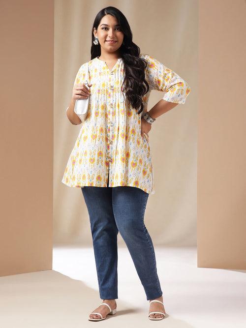 Plus Size Off White Cotton Ikkat Pleated Tunic