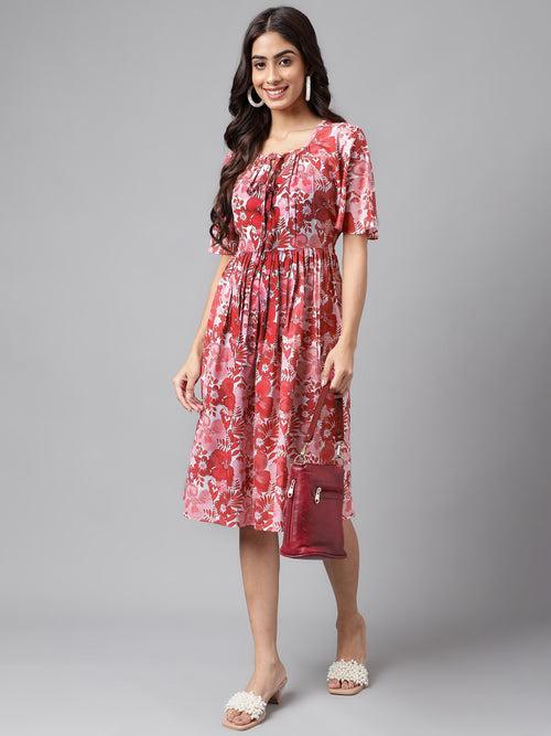 Pink Moss Diigital Floral Printed Flared Dress