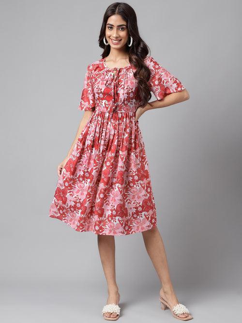 Pink Moss Diigital Floral Printed Flared Dress