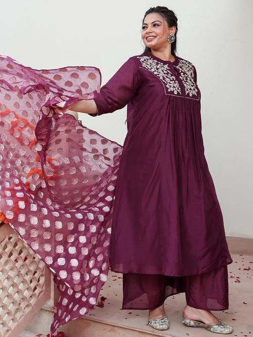 Purple Chanderi Embellished Kurta with Palazzo and Dupatta