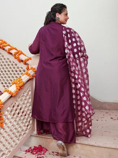 Purple Chanderi Embellished Kurta with Palazzo and Dupatta