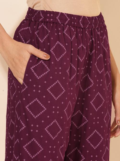 Wine Rayon Floral Printed Kurta with Palazzo