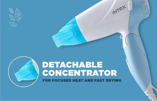 Intex 1500W Foldable Hair Dryer with 2 Speed and Heat Settings, Cool Shot Switch and Detachable Concentrator (HD 1503)
